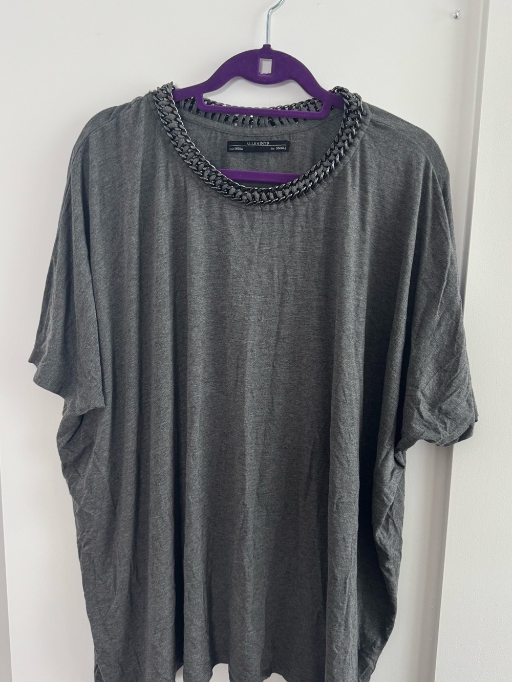 All Saints Charcoal Short Sleeve Tee with Chain Trim
